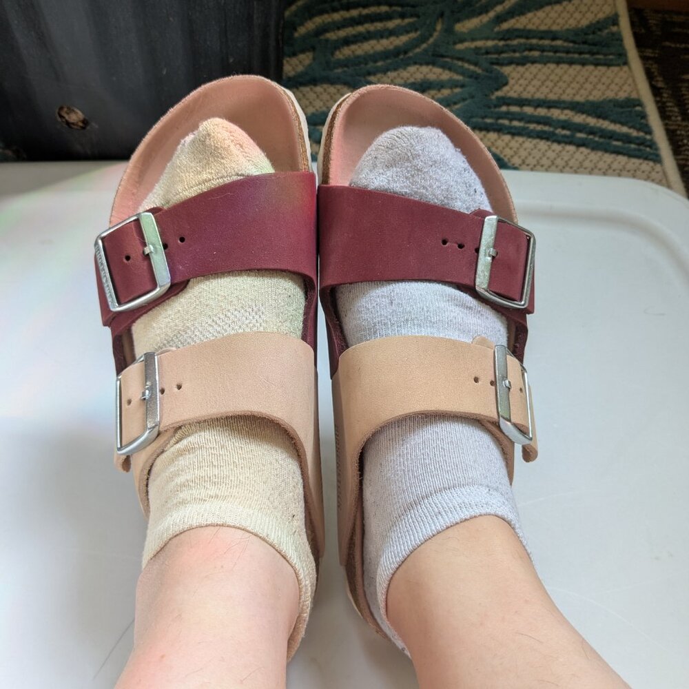 Birkenstock Two-Tone Adjustable Buckle Sandals in Burgundy and Beige - Picture 3 of 13